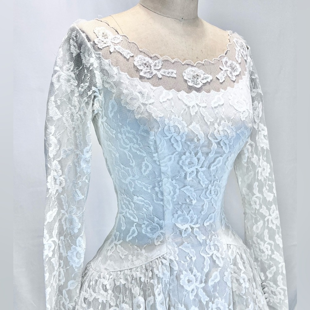 VINTAGE MCM 50s mid century lace wedding dress gown full long sleeve floral - Picture 4 of 16
